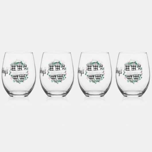 黒パーソナライズされた白バッファロー・プレイド(W) ステムなしワイングラス (裏面)