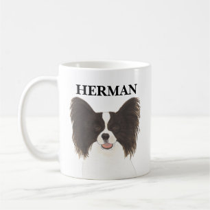 黒パーソナライズされた白パピヨン犬 コーヒーマグカップ
