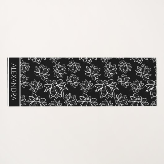 黒パーソナライズされた白フローラデザイン ヨガマット (裏面(横))