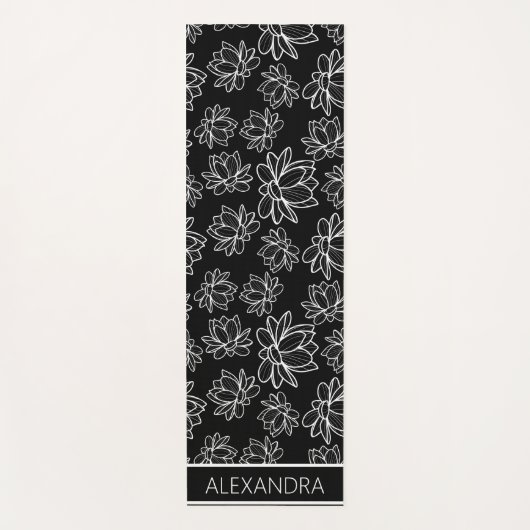 黒パーソナライズされた白フローラデザイン ヨガマット (正面)