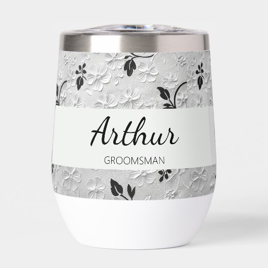 黒パーソナライズされた白花模様Groomsman Gift (正面)