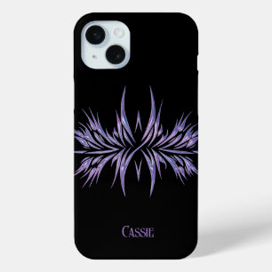 黒パーソナライズされた紫トライバルデザイン iPhone 15 MINIケース