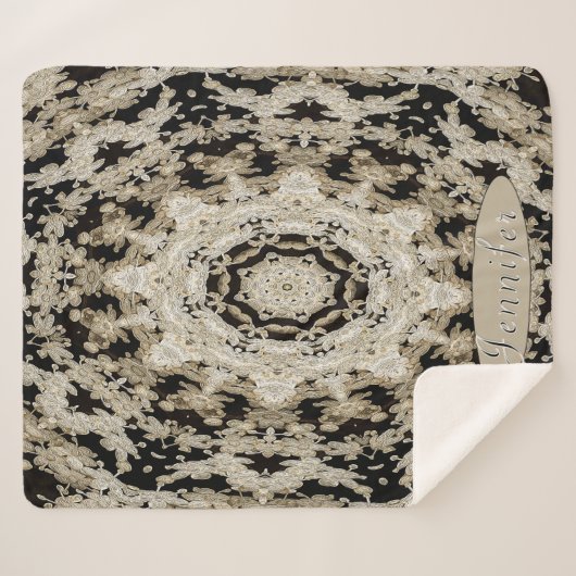 黒パーソナライズされた色とアイボリーフローラ曼荼羅 シェルパブランケット (正面(横))