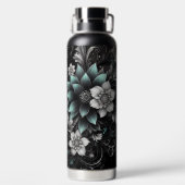 黒パーソナライズされた色とティール（緑がかった色）のキラキラフローラ ウォーターボトル (背面)