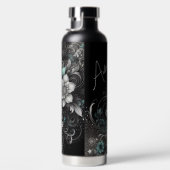 黒パーソナライズされた色とティール（緑がかった色）のキラキラフローラ ウォーターボトル (右面)