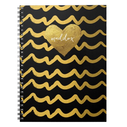 黒パーソナライズされた色と金ゴールドの輝きストライプ ノートブック (正面)