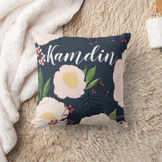 黒パーソナライズされた色Bに白いフローラの花 クッション (ブランケット)