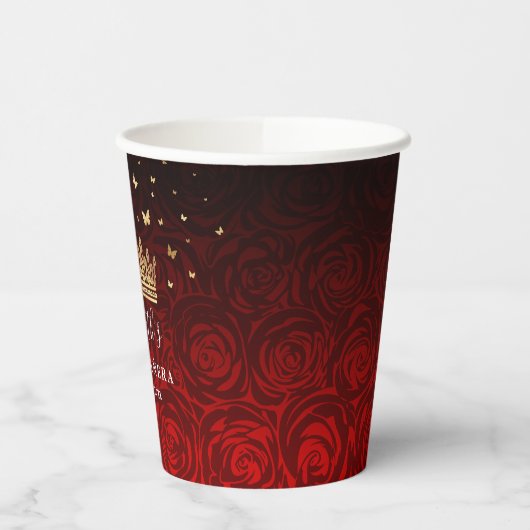 黒パーソナライズされた赤と金ゴールド誕生日パーティー 紙コップ (左)
