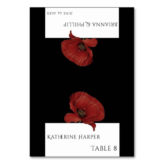 黒パーソナライズされた赤フローラ結婚の座席表 テーブルナンバー (正面)