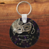 黒パーソナライズされた金ゴールドパープルマスカレードパーティー キーホルダー (正面)