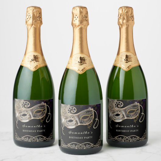 黒パーソナライズされた金ゴールドパープルマスカレードパーティー スパークリングワインラベル (ボトル)