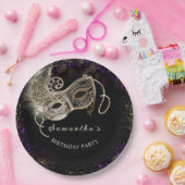 黒パーソナライズされた金ゴールドパープルマスカレードパーティー ペーパープレート (パーティー)