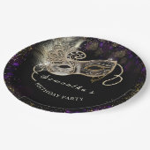 黒パーソナライズされた金ゴールドパープルマスカレードパーティー ペーパープレート (アングル)