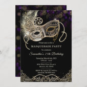 黒パーソナライズされた金ゴールドパープルマスカレードパーティー 招待状 (正面/裏面)