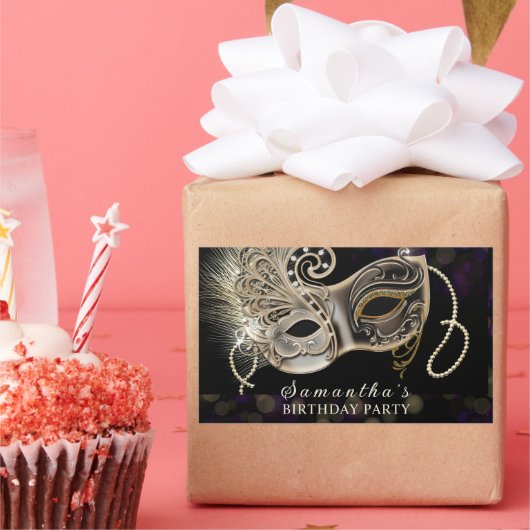 黒パーソナライズされた金ゴールドパープルマスカレードパーティー 長方形シール (パーティー)