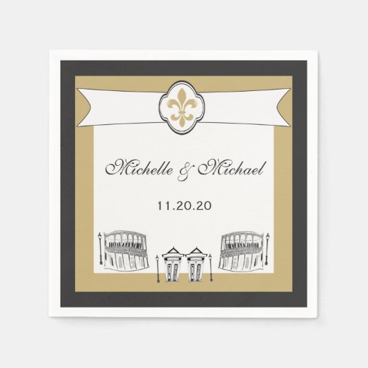 黒パーソナライズされた金ゴールドフランスの4分の1シーン スタンダードカクテルナプキン (正面)