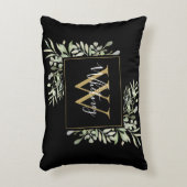 黒パーソナライズされた金ゴールドモノグラムグリーナリーフローラ アクセントクッション (正面(垂直))