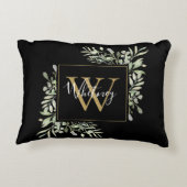 黒パーソナライズされた金ゴールドモノグラムグリーナリーフローラ アクセントクッション (裏面)