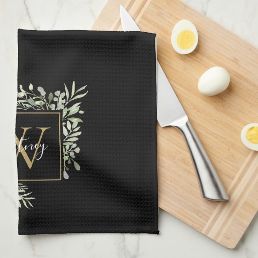 黒パーソナライズされた金ゴールドモノグラムグリーナリーフローラ キッチンタオル (四つ折り)