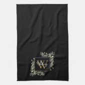 黒パーソナライズされた金ゴールドモノグラムグリーナリーフローラ キッチンタオル (縦)