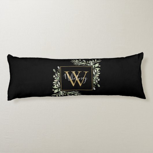 黒パーソナライズされた金ゴールドモノグラムグリーナリーフローラ ボディピロー (裏面)