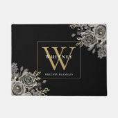 黒パーソナライズされた金ゴールドモノグラムフローラバラ ドアマット (正面)