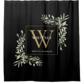 黒パーソナライズされた金ゴールドモノグラム水カラーフローラ シャワーカーテン (正面)