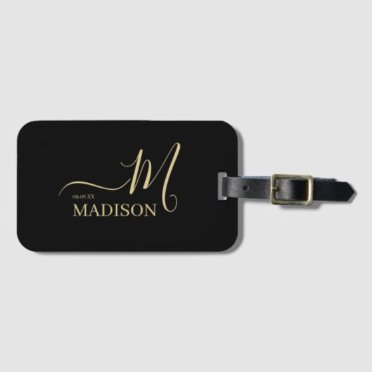 黒パーソナライズされた金ゴールドモノグラム結婚スクリプト ラゲッジタグ (正面横)