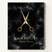黒パーソナライズされた金ゴールド大理石ヘアスタイリスト ノートブック (裏面)
