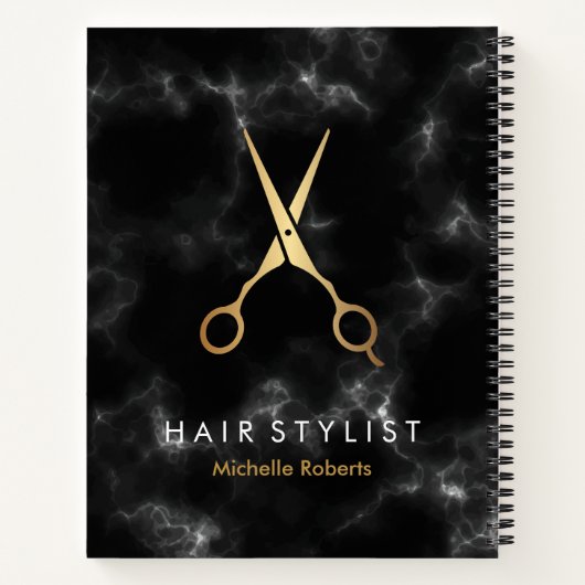 黒パーソナライズされた金ゴールド大理石ヘアスタイリスト ノートブック (裏面)