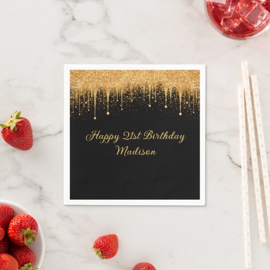 黒パーソナライズされた金ゴールド滴下グリッター誕生日 スタンダードカクテルナプキン (インサイチュ)