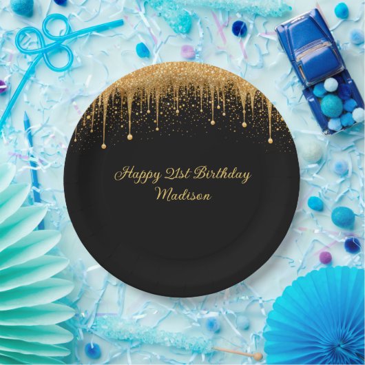 黒パーソナライズされた金ゴールド滴下グリッター誕生日 ペーパープレート (パーティー)