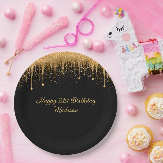 黒パーソナライズされた金ゴールド滴下グリッター誕生日 ペーパープレート (パーティー)