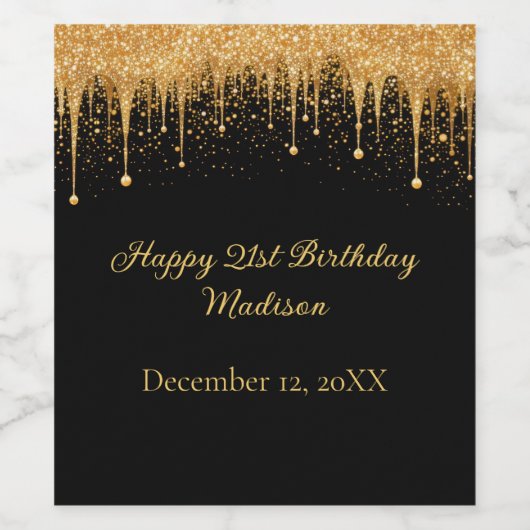 黒パーソナライズされた金ゴールド滴下グリッター誕生日 ワインラベル (シングルラベル)