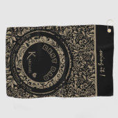 黒パーソナライズされた金ゴールド花柄モノグラム ゴルフタオル (横)