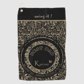 黒パーソナライズされた金ゴールド花柄モノグラム ゴルフタオル (正面)