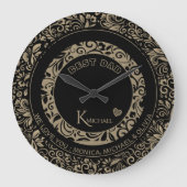 黒パーソナライズされた金ゴールド花柄モノグラム ラージ壁時計 (正面)
