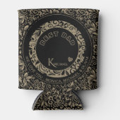 黒パーソナライズされた金ゴールド花柄モノグラム 缶クーラー (正面)