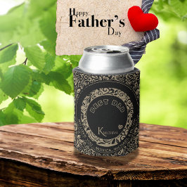 黒パーソナライズされた金ゴールド花柄モノグラム 缶クーラー