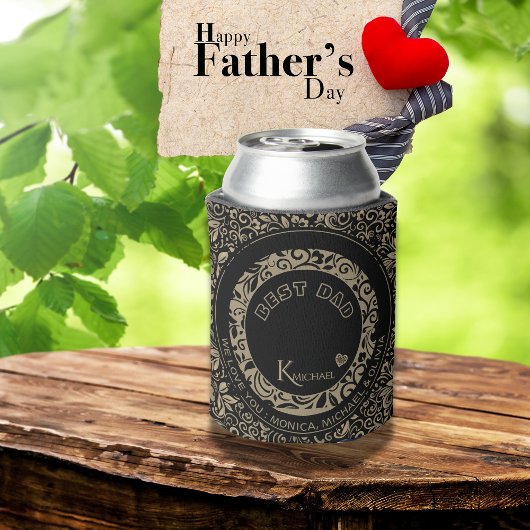 黒パーソナライズされた金ゴールド花柄モノグラム 缶クーラー