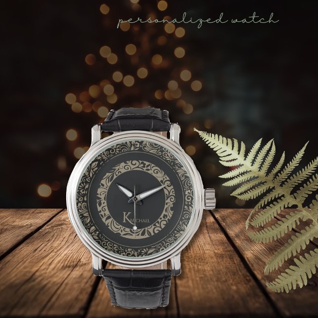 黒パーソナライズされた金ゴールド花柄モノグラム 腕時計 (Personalized Black Gold Floral Pattern Monogram Watch)