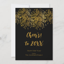 黒パーソナライズされた金ゴールド花火お正月おめでとう 案内状