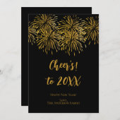 黒パーソナライズされた金ゴールド花火お正月おめでとう 案内状 (正面/裏面)