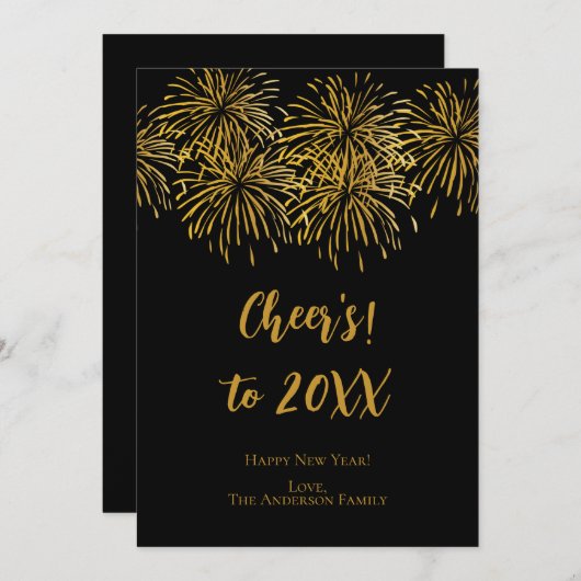 黒パーソナライズされた金ゴールド花火お正月おめでとう 案内状 (正面/裏面)