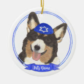 黒パーソナライズされた頭トリコラーコーギハヌカー セラミックオーナメント (正面)