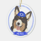 黒パーソナライズされた頭トリコラーコーギハヌカー セラミックオーナメント (左)