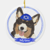 黒パーソナライズされた頭トリコラーコーギハヌカー セラミックオーナメント (裏面)