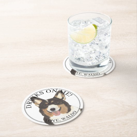 黒パーソナライズされた頭三色コルギドッグ ラウンドペーパーコースター (インサイチュ)