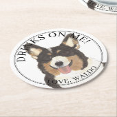 黒パーソナライズされた頭三色コルギドッグ ラウンドペーパーコースター (アングル)