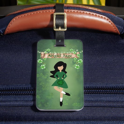 黒パーソナライズされた髪ダンスのアイリッシュダンサー ラゲッジタグ (正面インサイチュ2)